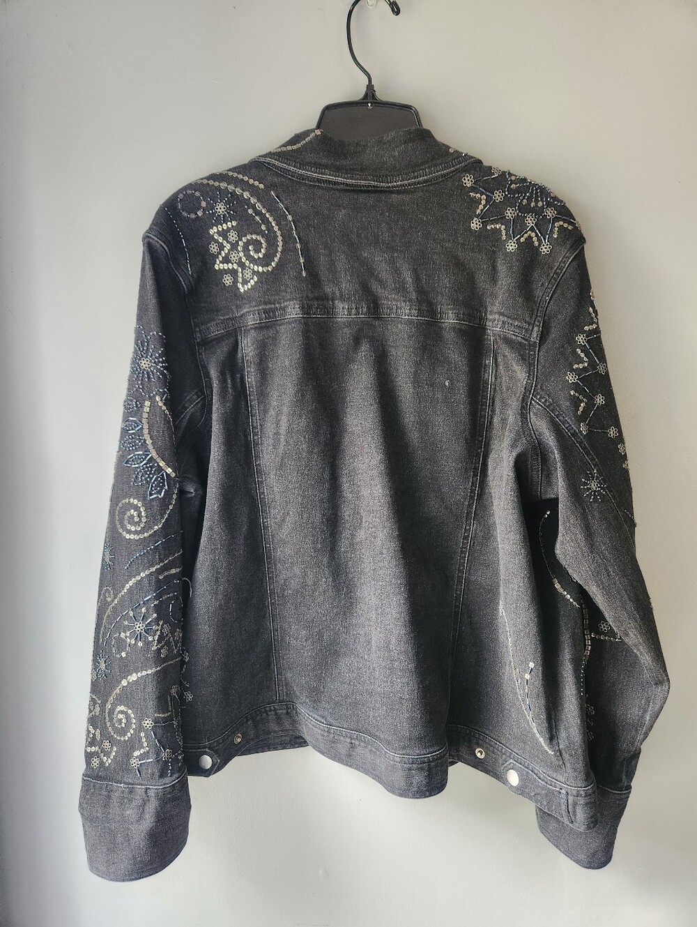 Susan Bristol Black Denim Jacket w Floral Paisley Beaded Sequins - Picture 14 of 16